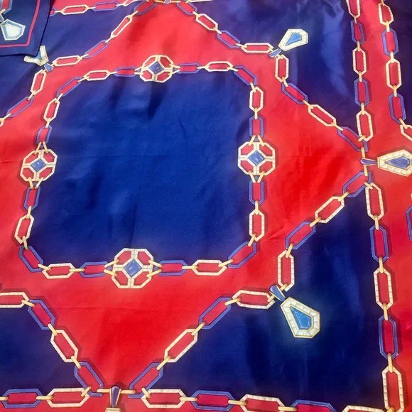 CARTIER Must de France Silk Scarf Vintage Navy Blue & Red Gold Chain Jewel Logo